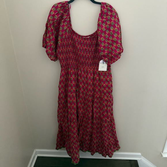 LEA 100% Cotton Plus Size Pink Floral Puff Sleeve Tiered Smocked Maxi Dress - Picture 12 of 12